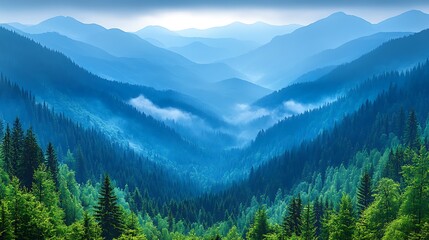 Obraz premium Misty mountain range with lush forests.