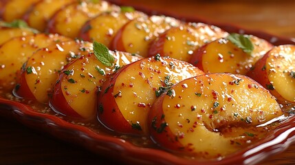 Sliced peaches, glazed and garnished with herbs.