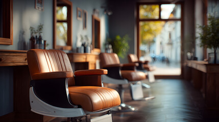 Empty barber shop interior with leather chairs and warm light