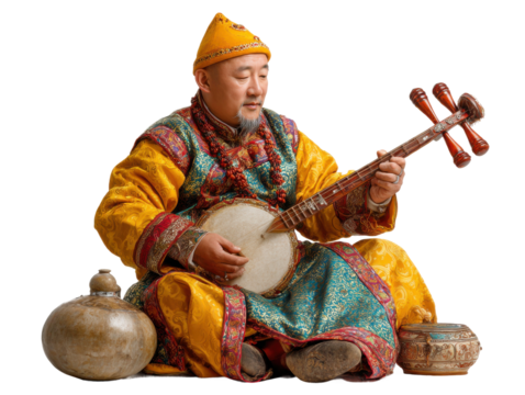 Cultural music performance by mongolian artist ulaanbaatar portrait. Isolated on transparent background, png.