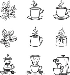 Coffee Rituals Icon Grid – Vector Illustration of 9 Monochrome Symbols Featuring Coffee Plant, Beans, Cups, Brewing Tools, and Espresso Machine