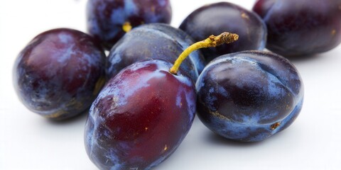 Fototapeta premium Delicious purple plums are arranged on a white surface, ready to eat.