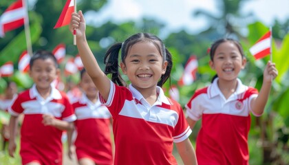 A group of Indonesian children wearing red and white uniforms, waving flags
