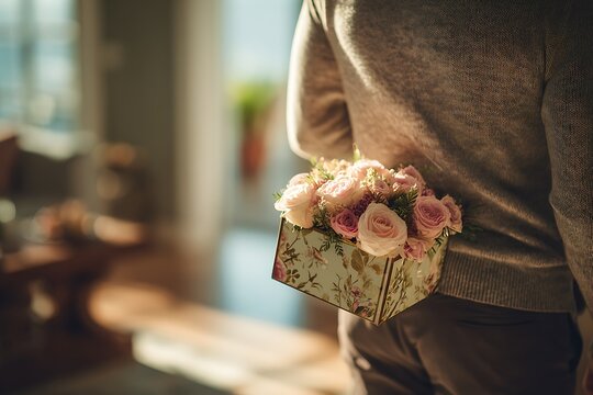 Person holding flower box behind back, bouquet of pink roses for special occasion or gift - Powered by Adobe