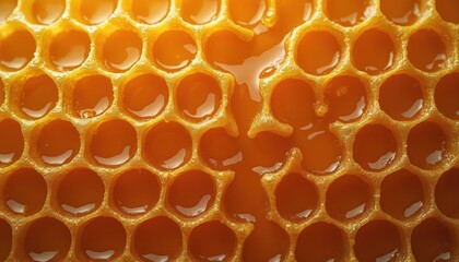 Close-up top view of golden honeycomb brimming with liquid honey. Hexagonal wax cells form intricate pattern. Natural sweet nectar, healthy food, beekeeping product, macro shot.