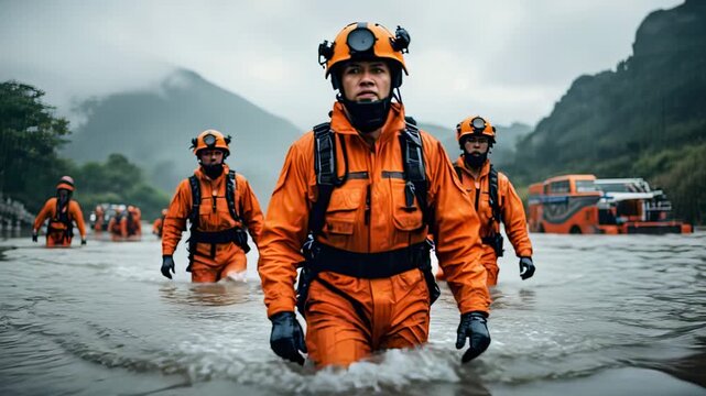 Rescue team wading through floodwaters, wearing orange suits and helmets, with submerged vehicles in the background, in a dramatic and urgent scene
