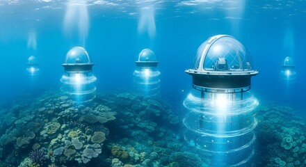 Underwater structures emitting light, possibly for scientific research or habitat restoration.