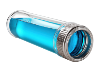 Scientific experiment with blue liquid in test tube laboratory setting. Isolated on transparent background, png.