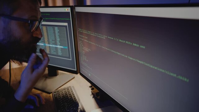 A bearded programmer in glasses stares at the monitor screen. Hacker in a dark room. Cyber attack. Websecurity concept. Coding and programming. A software developer working on a computer.