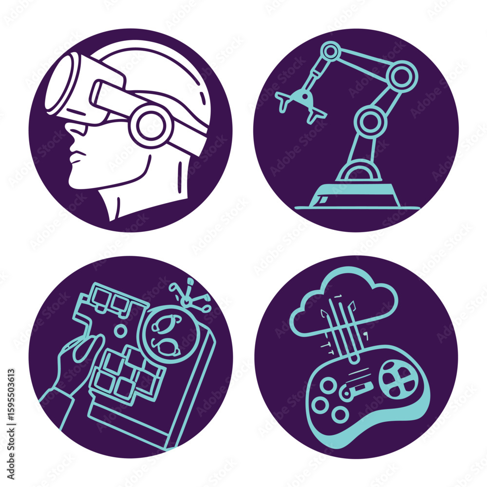Poster futuristic neon style icon set featuring abstract shapes ideal for modern design projects
