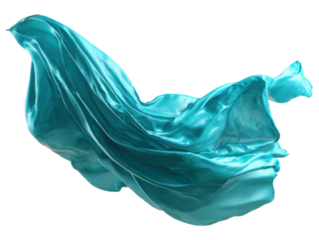 Flowing turquoise silk fabric studio 3d render abstract close-up. Isolated on transparent background, png.