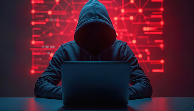 Hooded figure with darkened face works on laptop, illuminated by red digital data streams in background. This image symbolizes cybercrime, online security threats, and mysterious world of hacking.