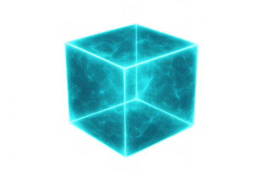 Rotating blue cube glowing with vibrant plasma energy, set against a transparent background, exuding a sense of futuristic mystery and power