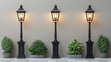 Three black street lamps with greenery in planters.