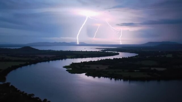 Wide aerial shot of Catatumbo River meeting Lake Maracaibo as continuous lightning arcs in the sky