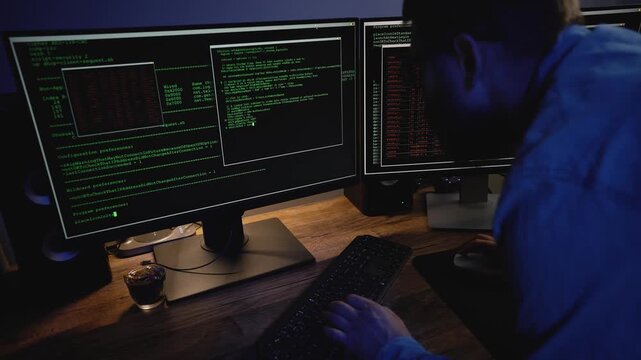Programmer trying to fend off system hacking. Hacker writing scripts in a dark room. Digital threats, data breaches, online vulnerability in the modern cyber world.