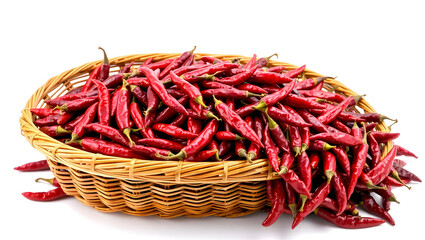 Fototapeta premium Dried Red Chilies in Traditional Basket Isolated on White Background – Spicy Indian Culinary Ingredient