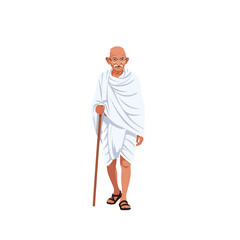 Illustration of Mahatma Gandhi, an iconic Indian leader, walking with a wooden staff, wearing traditional white clothing.
