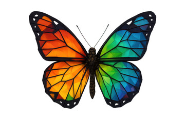 Obraz premium Rainbow-colored butterfly spreading wings, geometric polygon design glowing against transparent backdrop