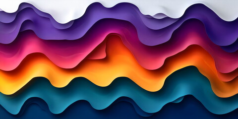 Colorful layered waves create an abstract design featuring gradient shades of purple, pink, orange, and blue