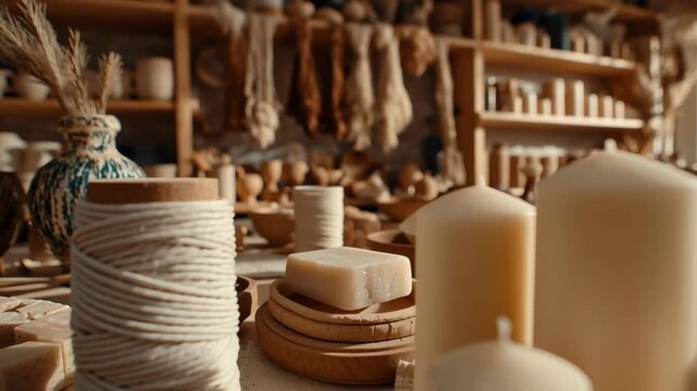 Cozy artisan workshop table filled with handmade candles, spools of natural twine, and craft materials, bathed in warm natural light from a window.