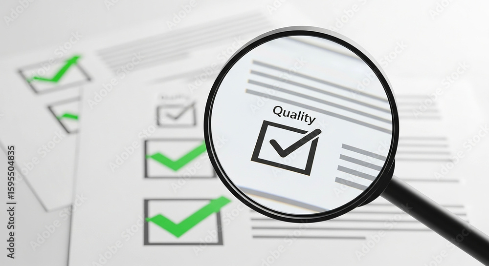 Poster a checklist with green check marks being inspected by a magnifying glass showing quality box checked