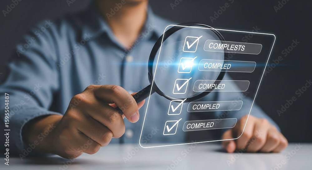 Poster man inspecting completed checklist with magnifying glass in a digital interface overlaying image