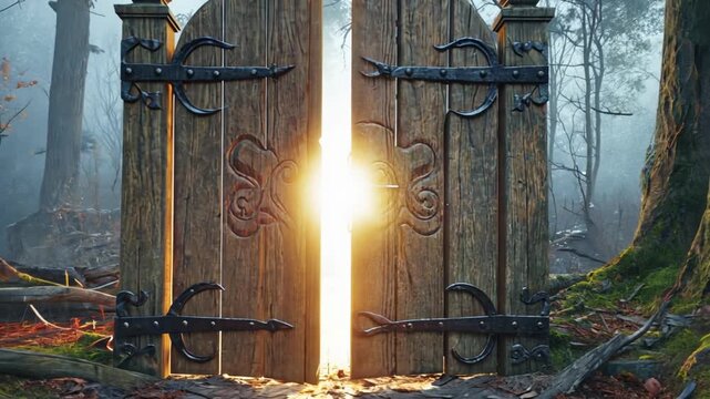  ornate carved wooden double door opening in forest video 