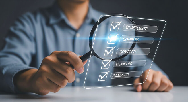 Man inspecting completed checklist with magnifying glass in a digital interface overlaying image