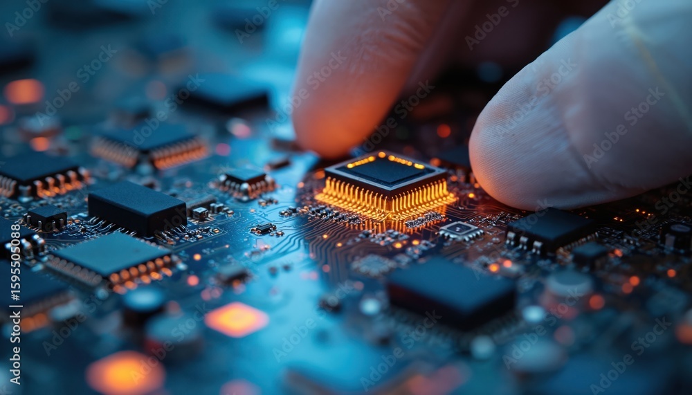 Aufkleber macro shot of technician hand installing microchip onto circuit board. intricate electronic componen