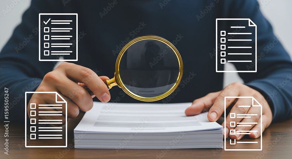 Poster a person examines a stack of papers with a magnifying glass surrounded by checklist icons design