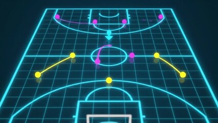 Futuristic HUD Animation of Basketball Play with Stylized Dots and Arrows on Digital Grid - Powered by Adobe