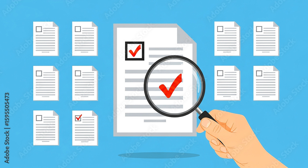 Poster documents with check marks being inspected with a magnifying glass against a blue background design