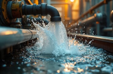 Water powerfully splashes from industrial pipes. Flowing liquid impacts surface creating dynamic spray. Scene suggests fluid dynamics in manufacturing engineering facility, possibly indicating