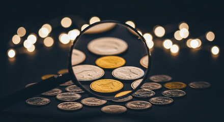 A magnifying glass focusing on gold and silver coins scattered on a dark surface with bokeh lights behind