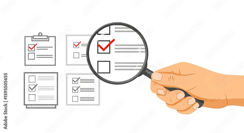 Poster hand holding magnifying glass over checklist with boxes and red checkmarks on a white background