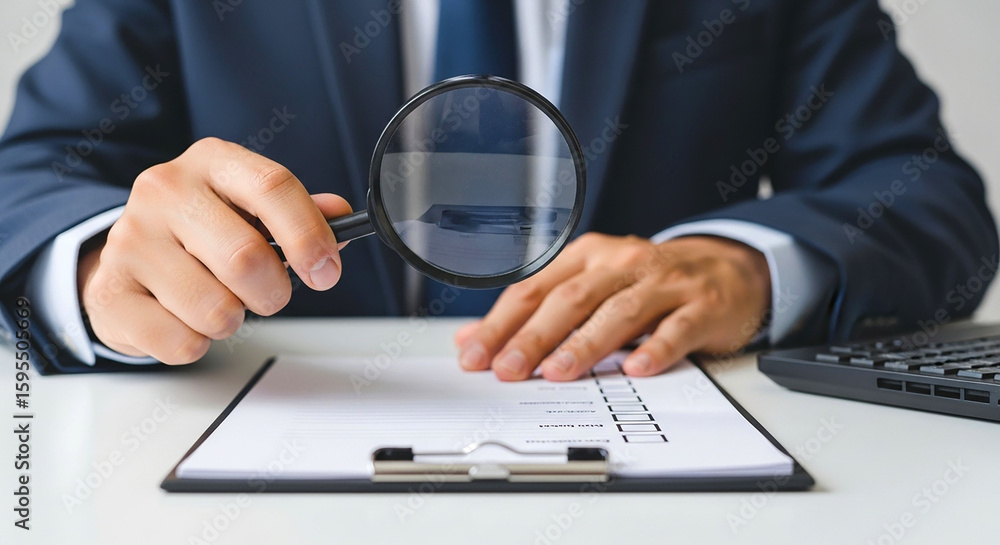 Poster a man in a suit inspecting a checklist on a clipboard with a magnifying glass on a white table