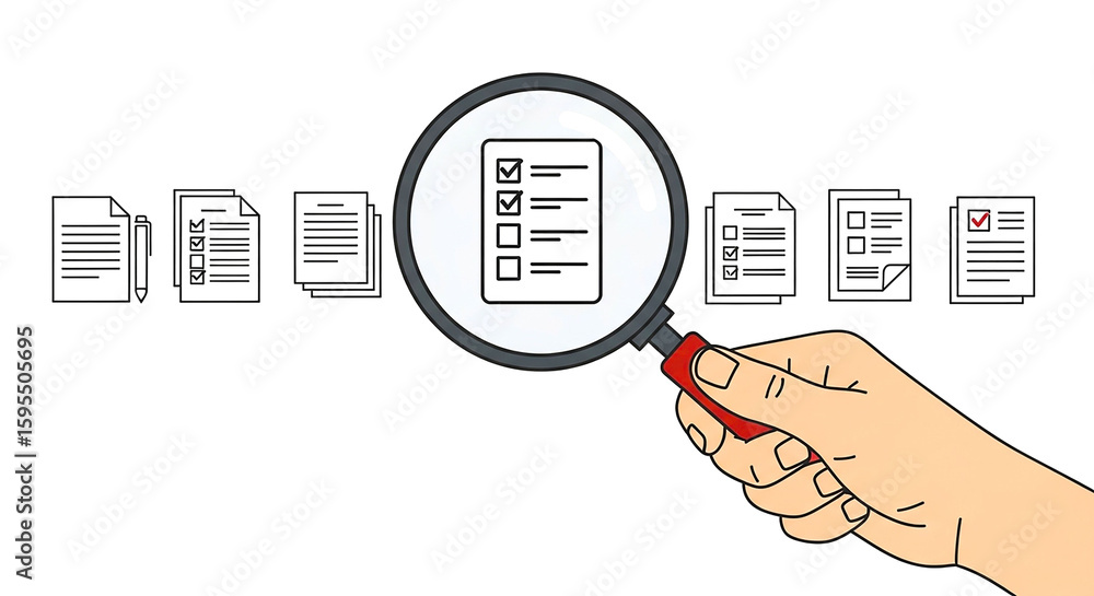 Poster a hand holding a magnifying glass over a document with checkmarks and other documents in background