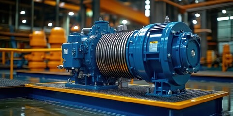 Fototapeta premium A close-up of a blue industrial machine within a factory setting, showcasing its intricate details.