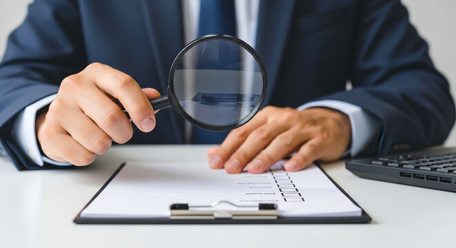A man in a suit inspecting a checklist on a clipboard with a magnifying glass on a white table