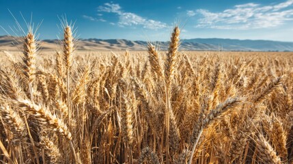 Golden wheat field under a vibrant blue sky