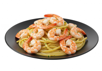 A plate of shrimp scampi pasta dish with peeled shrimp and parsley on a dark colored plate on transparent background
