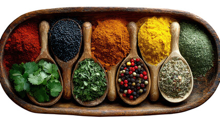 A vibrant collection of spices and herbs in wooden spoons arranged on a rustic tray, isolated on a transparent background