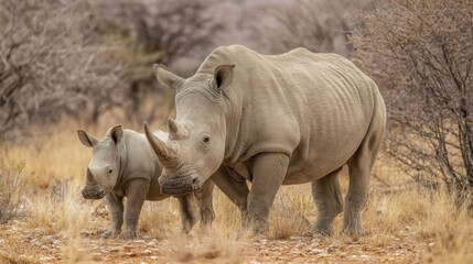 Fototapeta premium Two rhinos in a dry savanna