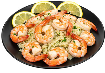 A plate of cooked shrimp with rice and lemon slices presented on a dark colored dish on transparent background
