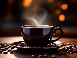 Steaming coffee in black cup on table