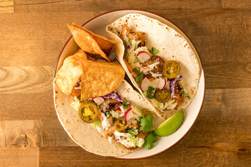 shrimp tacos with tortilla chips