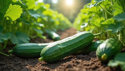 Fresh cucumbers grow in field under sun, healthy agriculture, natural growth. Green leaves surround ripe vegetables in cultivated farm setting. Sunlight illuminates vibrant crop, perfect for food,