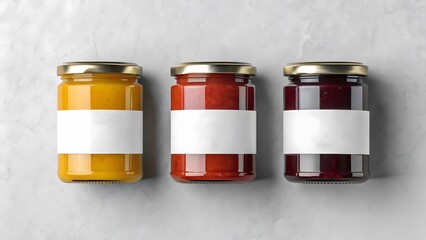 Three glass jars filled with colorful preserves or jams sit on a textured surface with blank labels