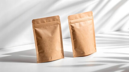 Packaging mockup, Two blank brown kraft paper stand up pouches with zipper closure casting leaf shadows on a white surface